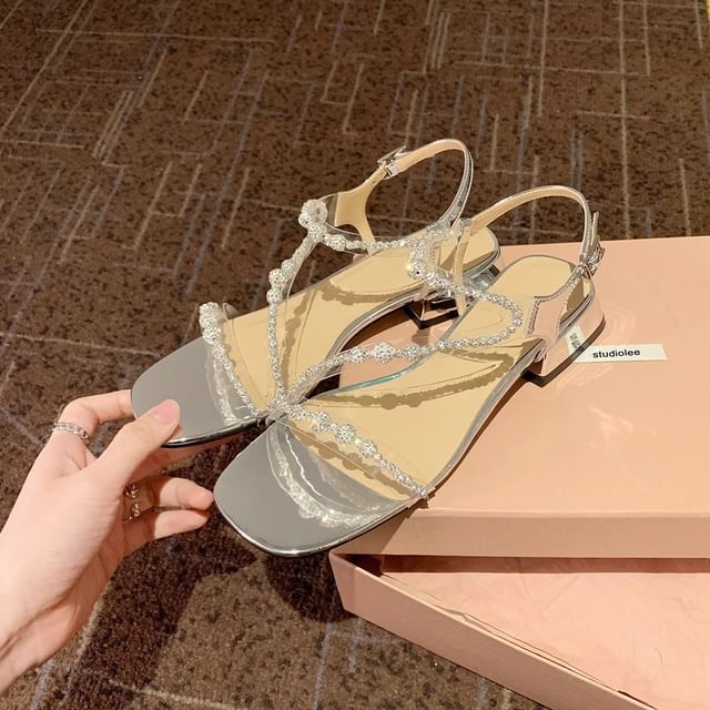 Strappy Sandals Heel Chunky Rhinestone