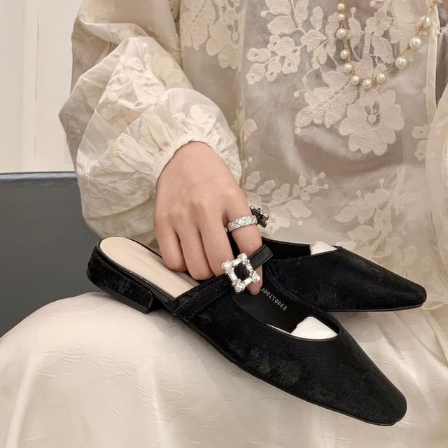 Toe Mules Rhinestone Chunky Heel Square