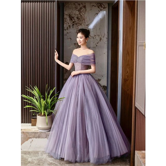 Short Sleeve Off Shoulder Plain Ruched Mesh Panel Lace A-Line Evening Gown