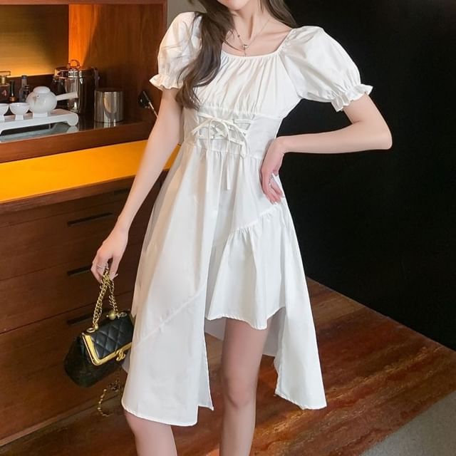 Short-Sleeve A-Line Square Plain Asymmetrical Neck Dress