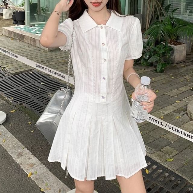 Mini Pleated Shirt Plain Short-Sleeve Dress