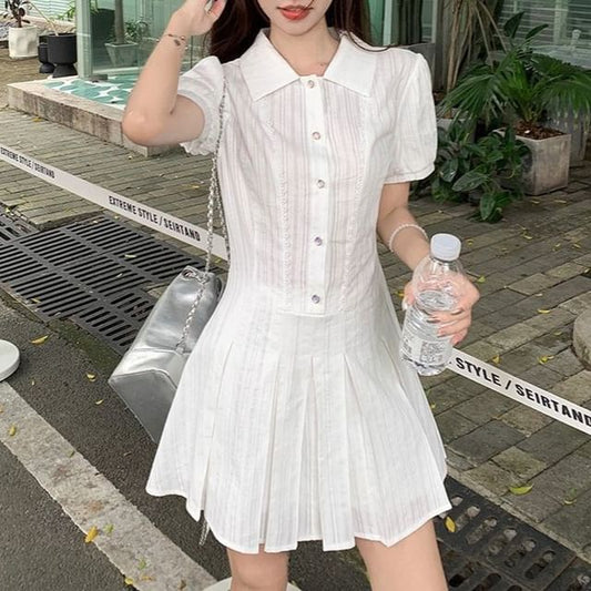 Mini Pleated Shirt Plain Short-Sleeve Dress