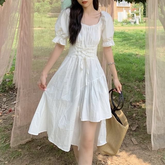 Short-Sleeve A-Line Square Plain Asymmetrical Neck Dress