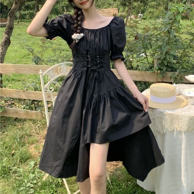 Short-Sleeve A-Line Square Plain Asymmetrical Neck Dress