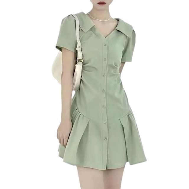 Button-Up V-Neck Dress Short-Sleeve Plain A-Line Mini