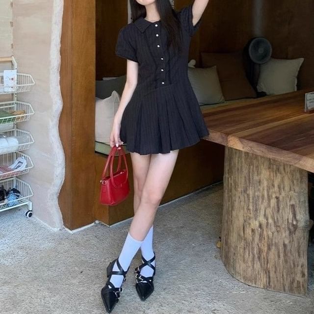 Mini Pleated Shirt Plain Short-Sleeve Dress