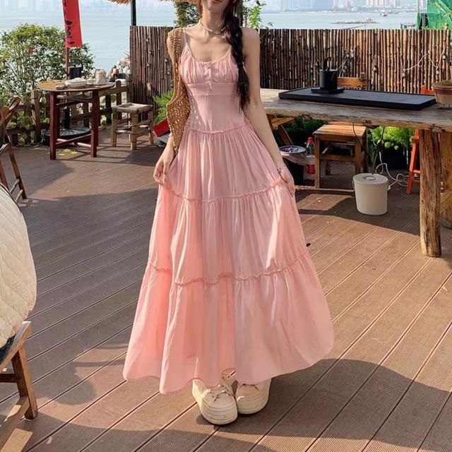 Scoop Neck Plain Dress Spaghetti Strap Maxi A-Line