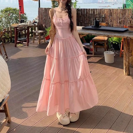 Scoop Neck Plain Dress Spaghetti Strap Maxi A-Line