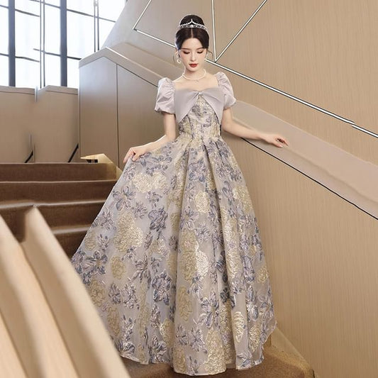 Short-Sleeve Floral Panel Ball Gown