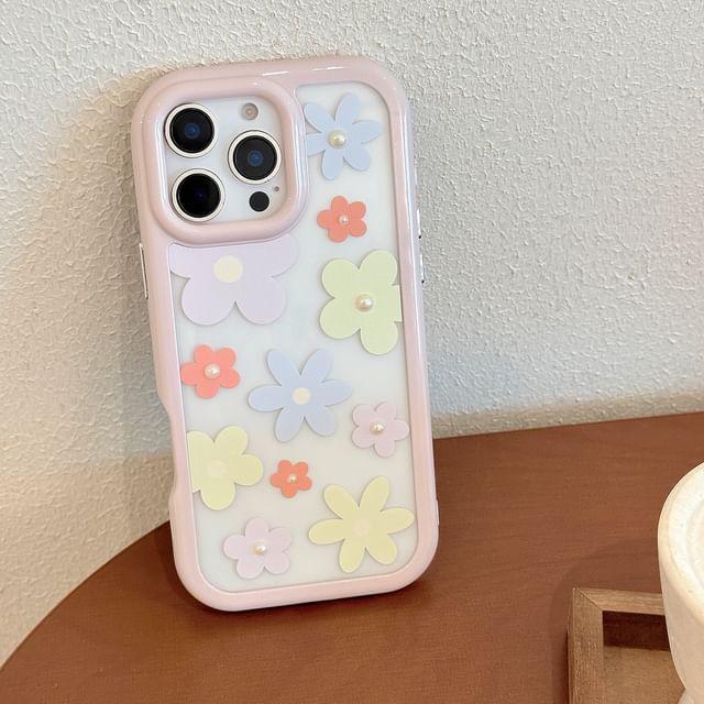 iPhone Print Floral Sticker Faux Pearl + Set: Case