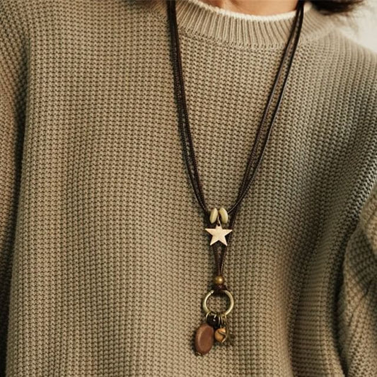 Star Pendant Bead Necklace Cord Layered