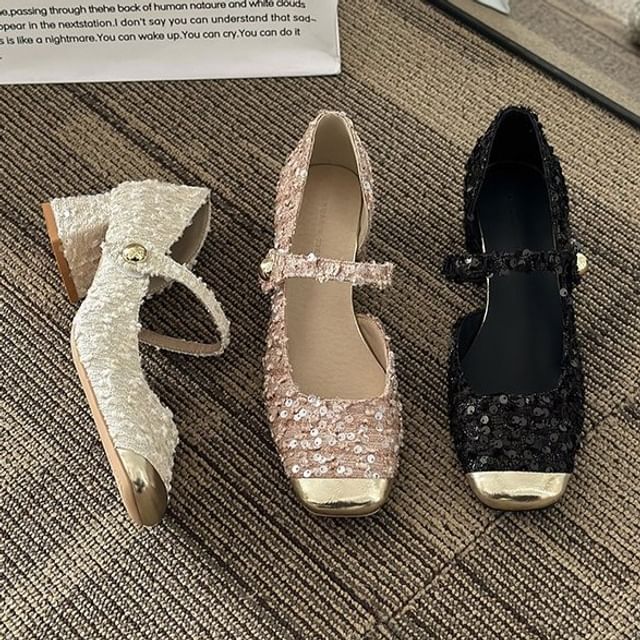 Heel Jane Tweed Pumps Sequin Block Square Mary Toe