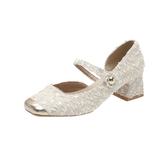 Heel Jane Tweed Pumps Sequin Block Square Mary Toe