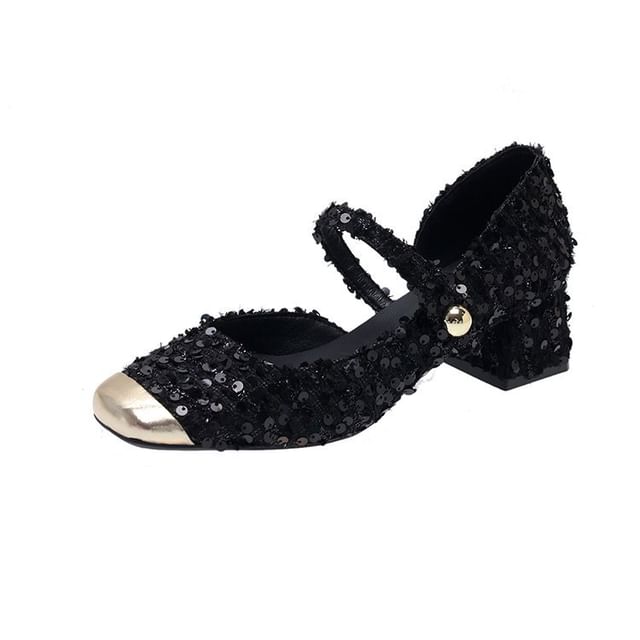 Heel Jane Tweed Pumps Sequin Block Square Mary Toe