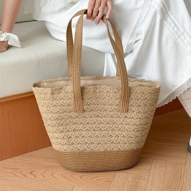 Panel Tote Lace Bag Straw