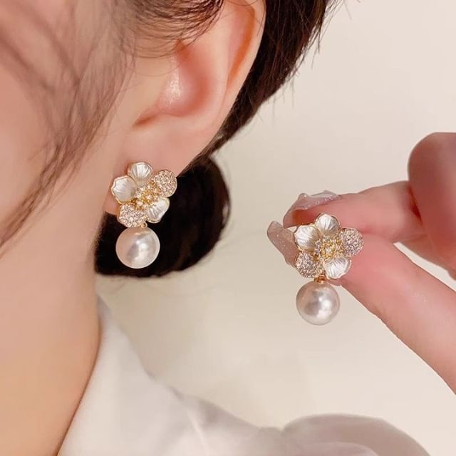 Pearl Earring Flower Drop CZ Faux