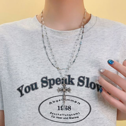 Pendant CZ Layered Necklace Cross Bead