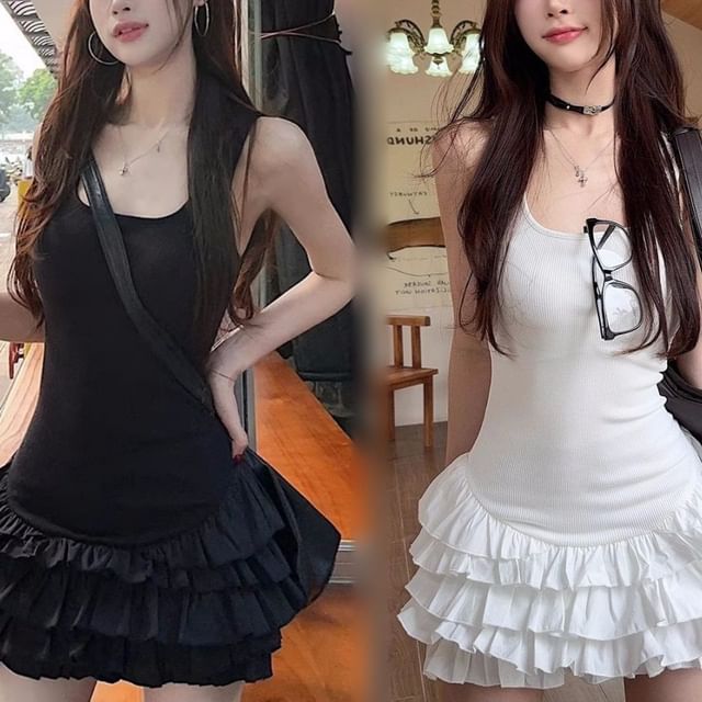 Sleeveless Mini Dress Plain Tiered