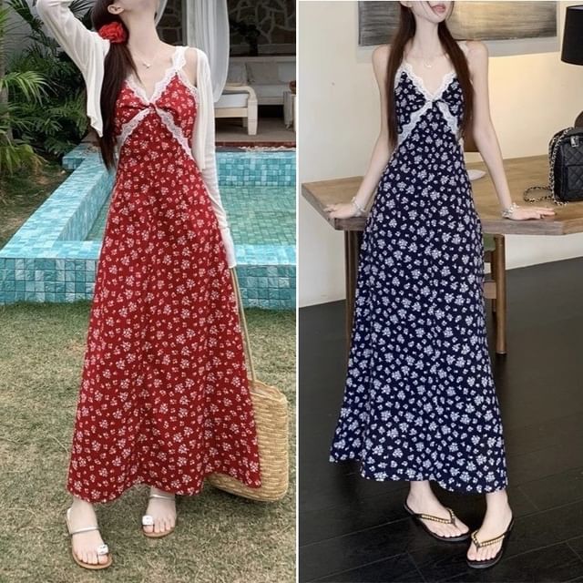 Dress / Maxi Print A-Line V-Neck Floral Cardigan Sleeveless