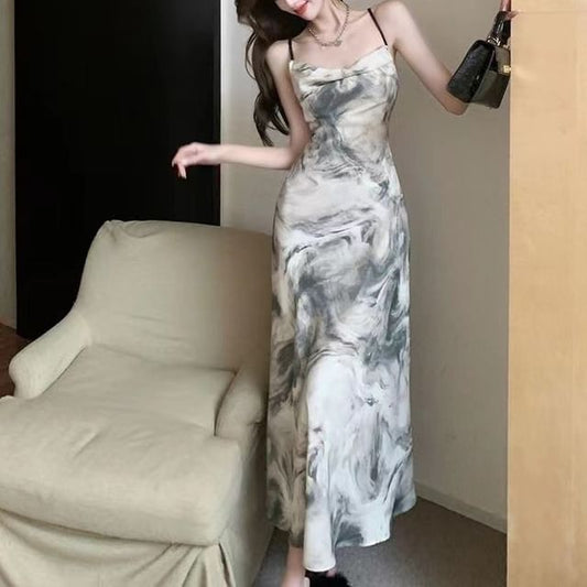 Spaghetti Maxi Print Strap Dress A-Line