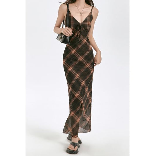 Strap Dress V-Neck Maxi Plaid Spaghetti Sheath