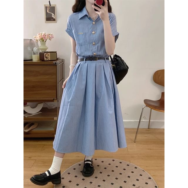 Striped Short-Sleeve Shirt Maxi Dress A-Line