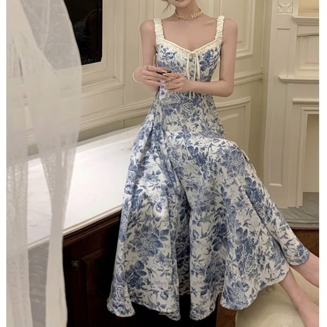 Maxi Dress V-Neck Floral Print A-Line Sleeveless