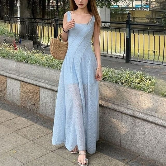 A-Line Sleeveless Dress Square Neck Plain Maxi