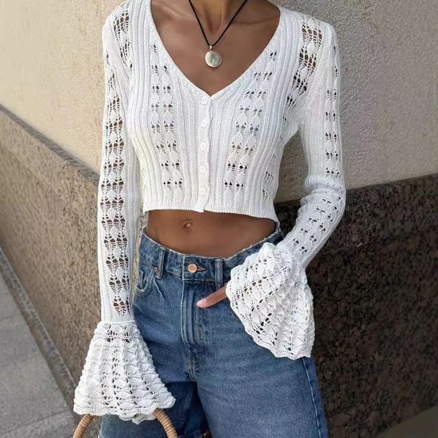 Flared-Cuff Crop V-Neck Plain Cardigan Perforated Button-Up