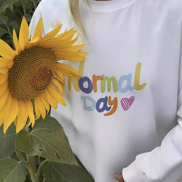 Print Neck Lettering Long-Sleeve T-Shirt Crew