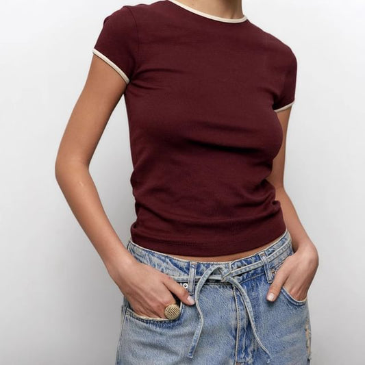 Contrast Crop Short-Sleeve Neck Fit Slim Tee Trim Crew