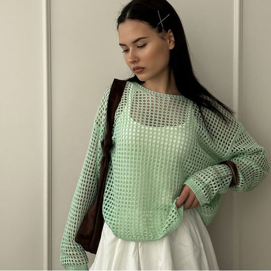 Long-Sleeve Round Perforated Plain Knit Neck Top