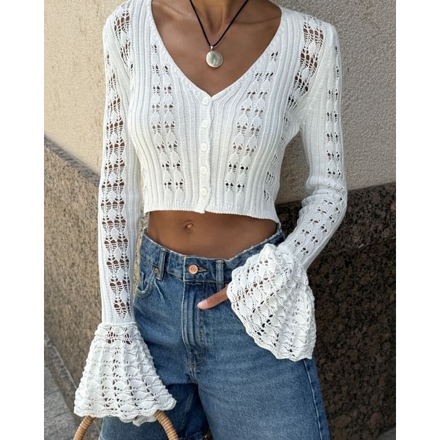 Flared-Cuff Crop V-Neck Plain Cardigan Perforated Button-Up