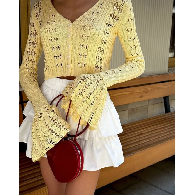 Flared-Cuff Crop V-Neck Plain Cardigan Perforated Button-Up