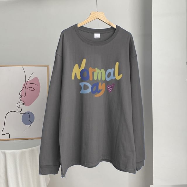Print Neck Lettering Long-Sleeve T-Shirt Crew