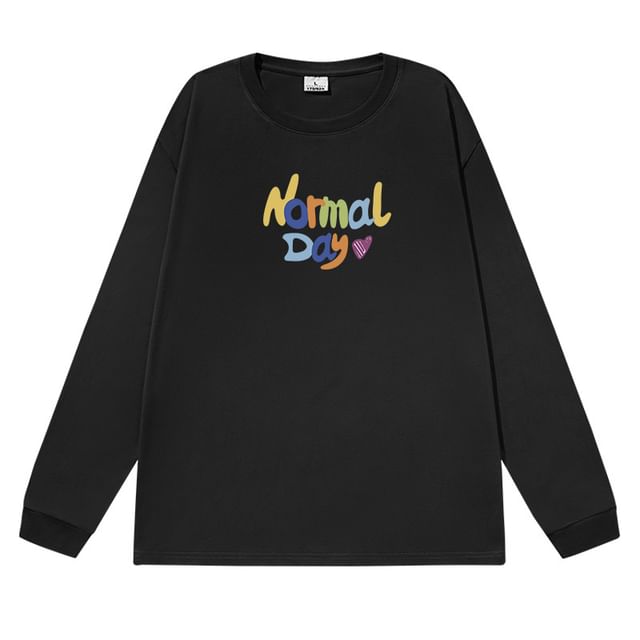 Print Neck Lettering Long-Sleeve T-Shirt Crew