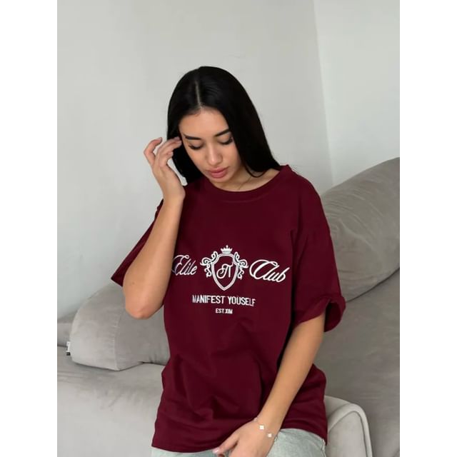 Neck Elbow-Sleeve Lettering Embroidered Tee Crew