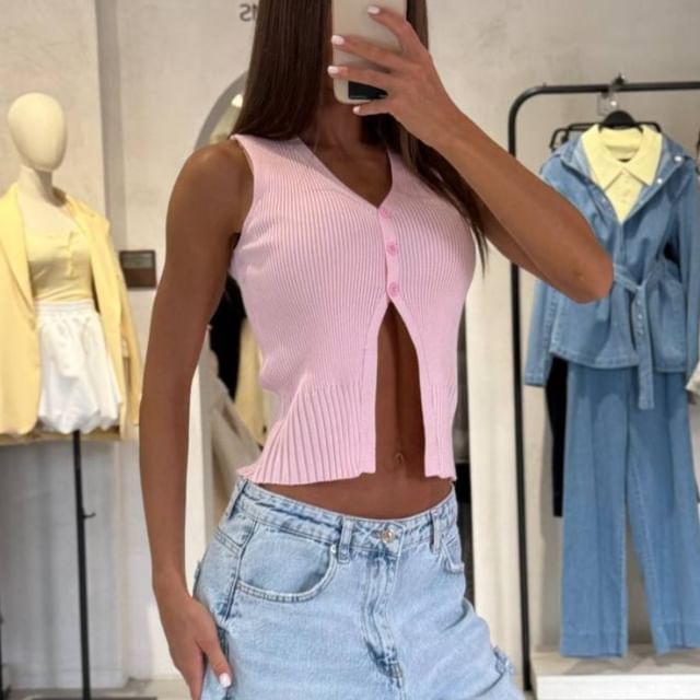 Sweater Crop V-Neck Button-Up Slit Plain Vest