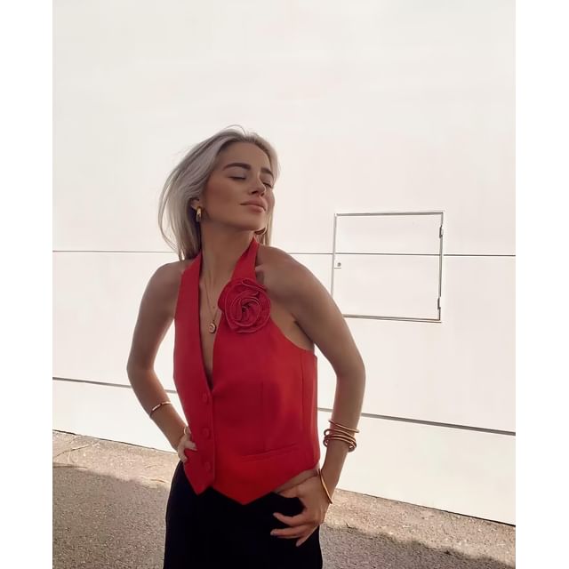 Back Single-Breasted Crop Plain Accent Vest V-Neck Flower Open Halter