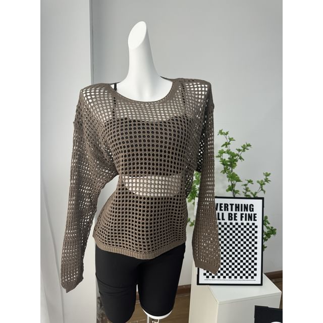 Long-Sleeve Round Perforated Plain Knit Neck Top