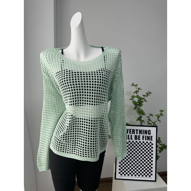 Long-Sleeve Round Perforated Plain Knit Neck Top