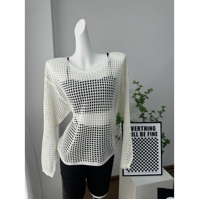 Long-Sleeve Round Perforated Plain Knit Neck Top