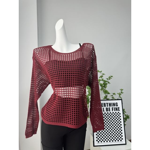 Long-Sleeve Round Perforated Plain Knit Neck Top