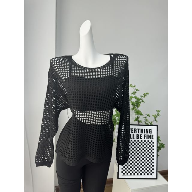 Long-Sleeve Round Perforated Plain Knit Neck Top