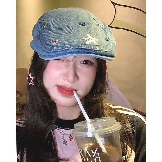 Cap Denim Embellished Flat