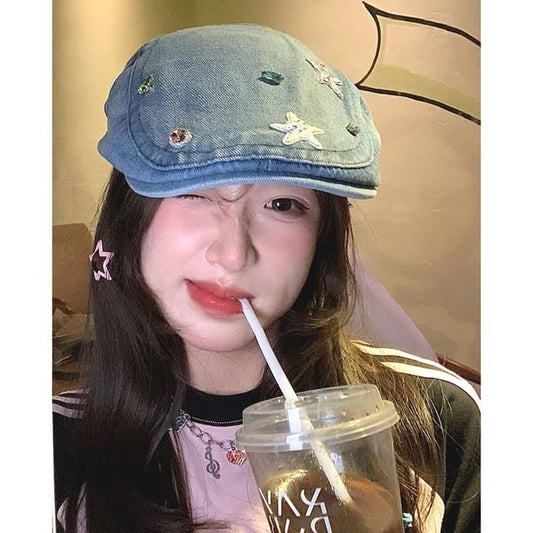 Cap Denim Embellished Flat