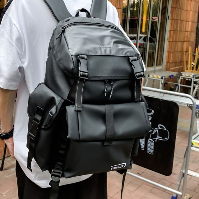 Faux Buckled Leather Backpack Lettering