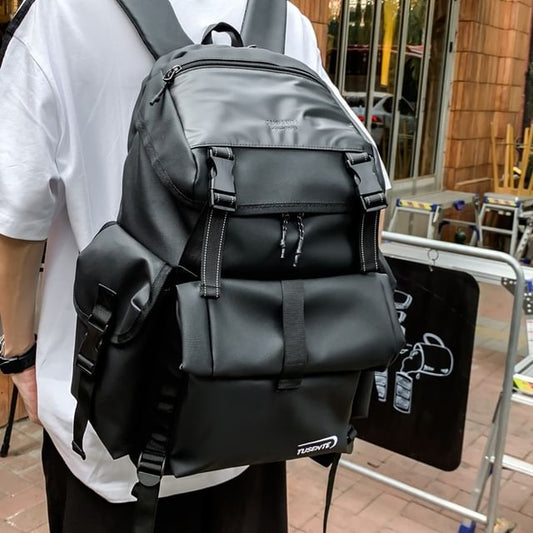 Faux Buckled Leather Backpack Lettering