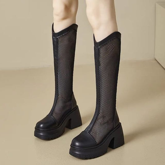 Tall Boots Platform Heel Mesh Block Plain