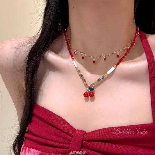 Beaded Necklace Pendant Layered Cherry